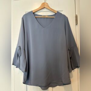 Chic V-Neck Gray Blouse with Tie Sleeves